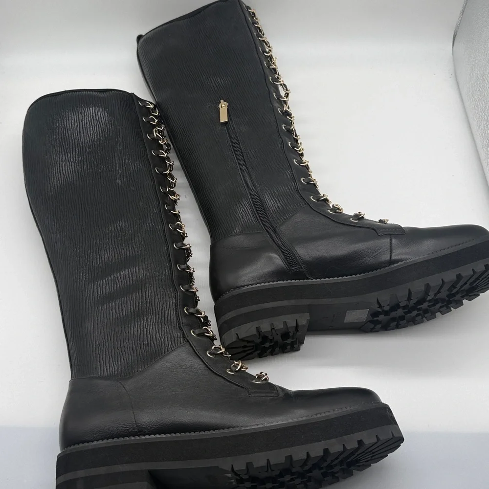 Cecelia New York Gold Chain Lace Knee High Tiny Leather Boot 8.5 Black